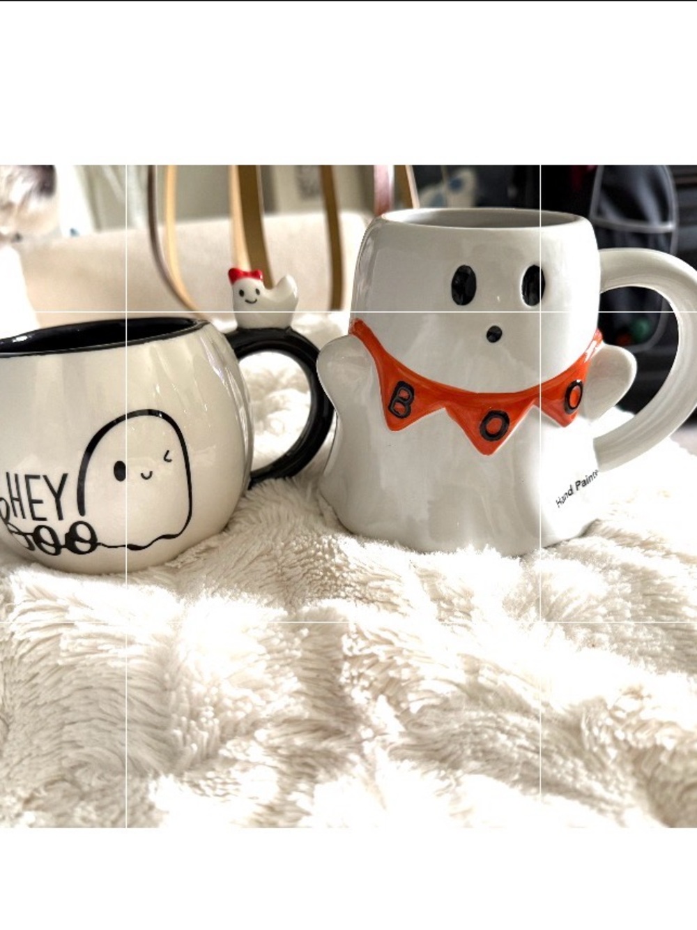 Hand-Painted White Ghost Mug “Hey Boo” and ghost with BOO banner. 2 pc